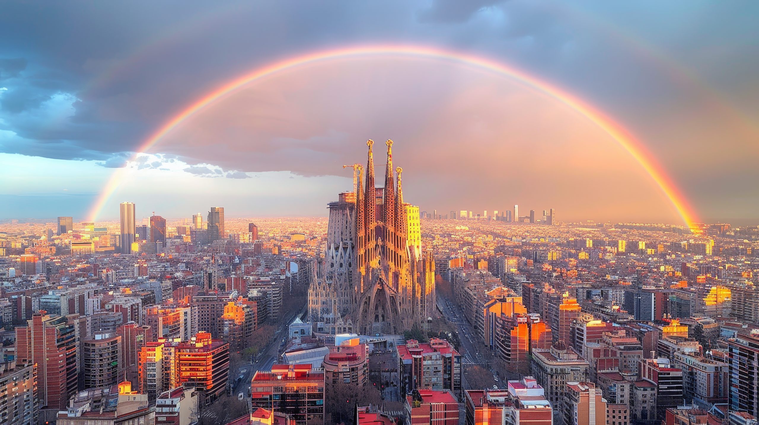 Aerial view of Barcelona featuring the Sagrada Família and a rainbow over the city skyline, illustrating urban innovation and smart city development.